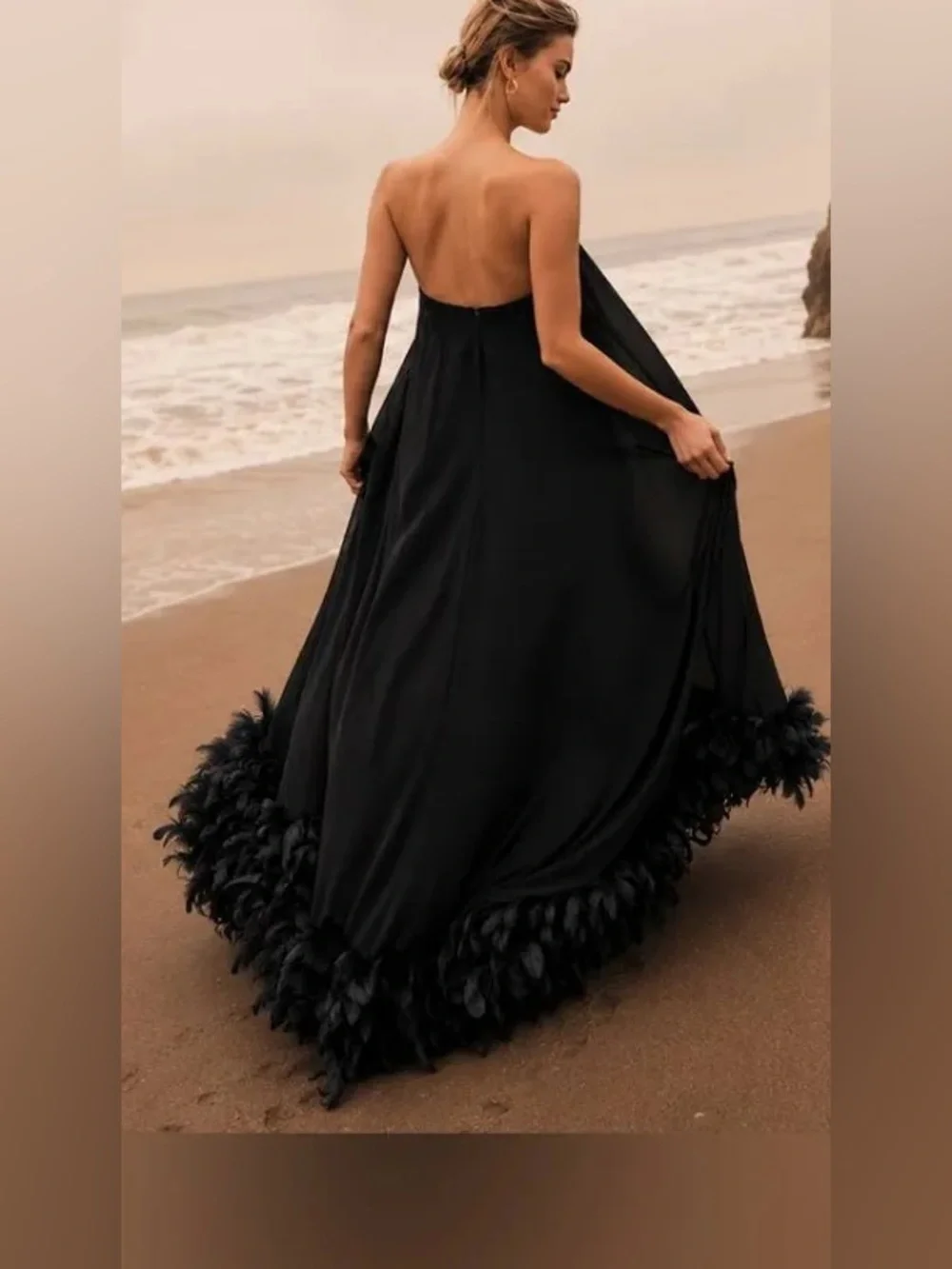 Mac Duggal 13001 Black Strapless Flare Feather Hem Gown